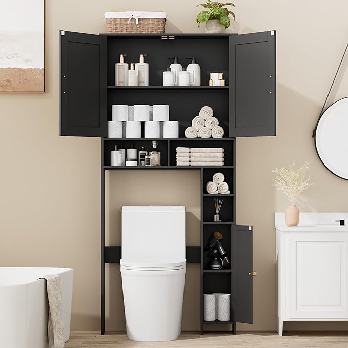 Homhedy 67" H Over The Toilet Storage Cabinet, Boho Bathroom Organizer with Rattan Decorated Doors, Adjustable Shelves, Toilet Paper Holder, Space-Saving Bathroom Shelf, Natural and Black