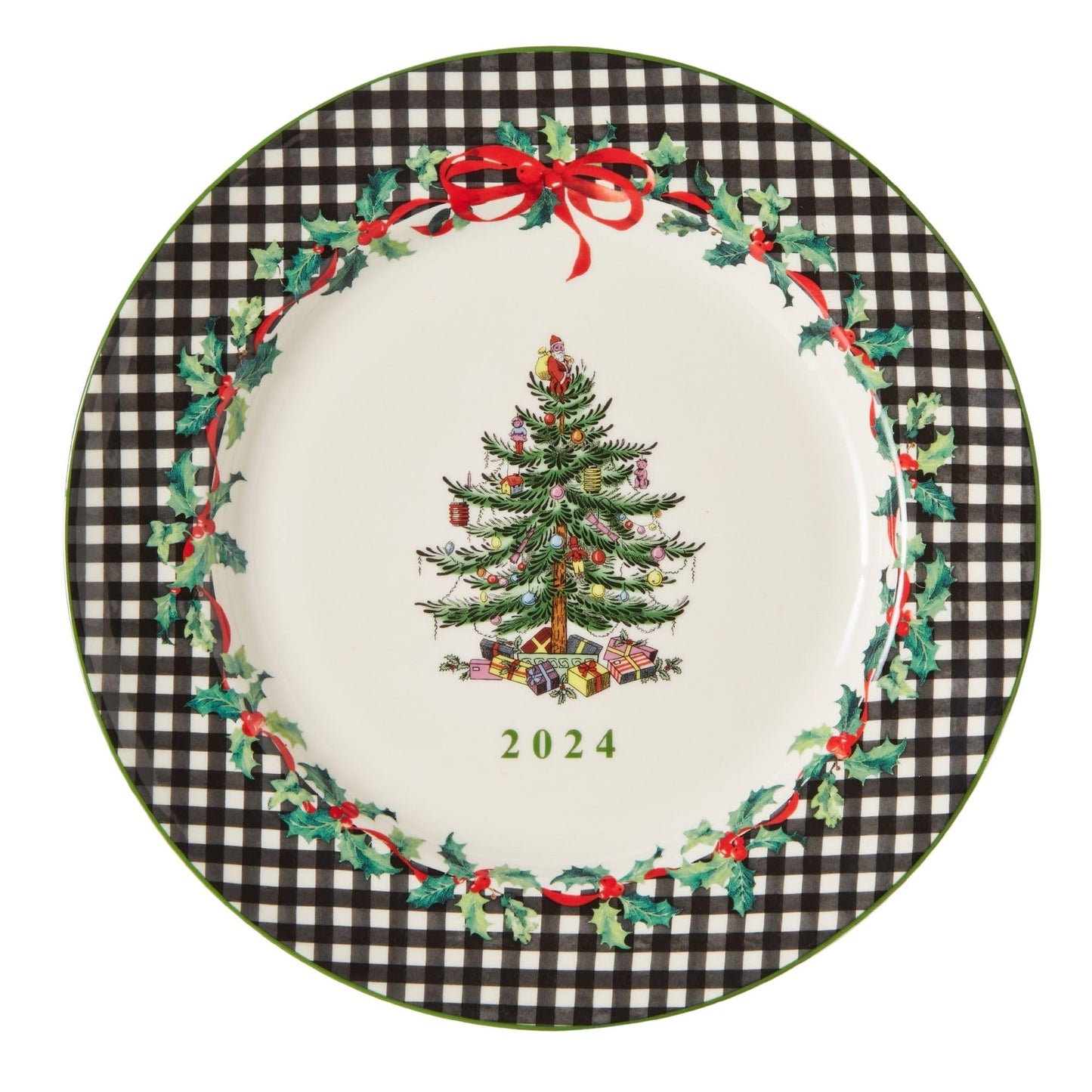Spode Christmas Tree Collector Plate - Exclusive Border with Red Ribbon & Black Check, Seasonal Display or Holiday Tableware Use, 8" Porcelain Plate - Microwave & Dishwasher Safe, Great Holiday Gift