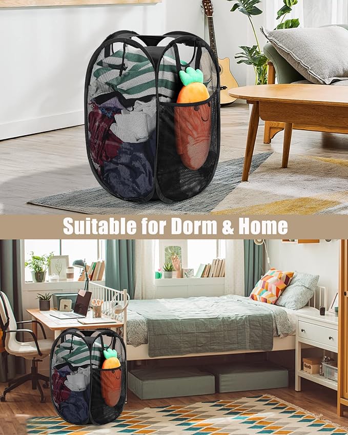 2 Pcs Strong Mesh Pop-up Laundry Hamper, Quality Pop Up Hampers for Laundry with Durable Handles Solid Bottom High Carbon Steel Frame, Easy to Open and Fold Flat for Storage(Black)
