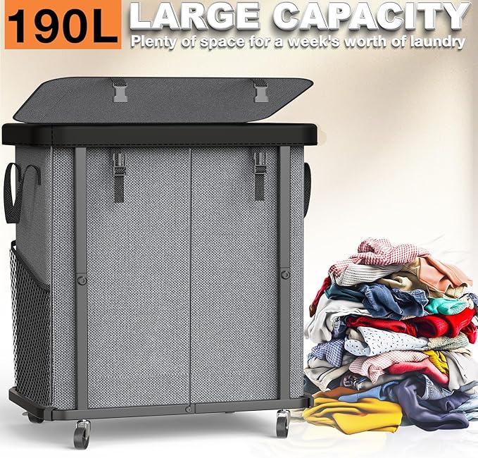 190L (50 Gal) Large Fashion Laundry Basket with Wheels, Leather Patchwork Rolling Hamper Carts, Sturdy Metal Frame, Removable Washable Bag, Tall Clothes Sorter for Bedroom - 2 Setion Gray