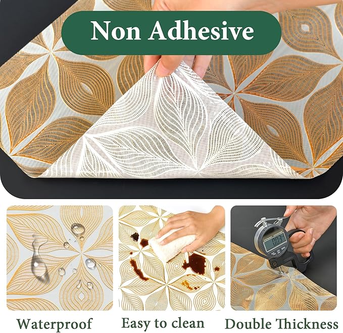 3D Drawer and Shelf Liner for Kitchen Cabinet: 17 in X 20 Ft Waterproof Shelf Paper Non Adhesive Refrigerator Liners Golden Leaf Easy Liners for Bathroom with Knife Tape Measure