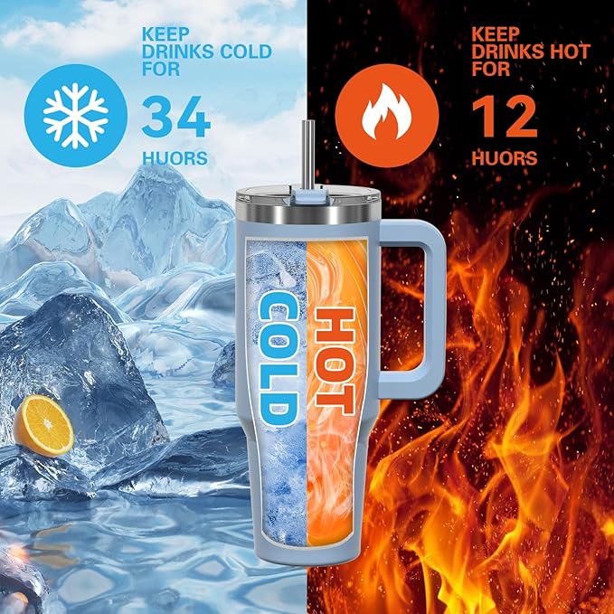 40 oz Tumbler with Handle,Tumbler with Lid and Straw,Double Wall Insulated Cup Stainless Steel Travel Mug(Cold for 34 Hours),Water Bottle for Iced Tea,Coffee,Cold Beverages(Smog Blue)