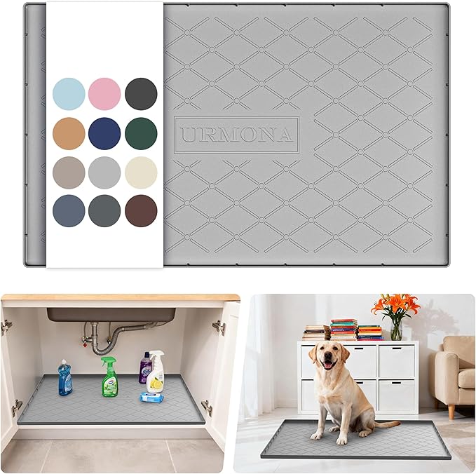 URMONA 34" x 22" Waterproof Silicone Mat in Multiple Sizes & Colors, Under Sink Mat for Kitchen & Bathroom, Pet Food Pad for Dogs & Cats, Kitchen Cabinet Liner, Multi-Purpose for Storage(Light Grey)