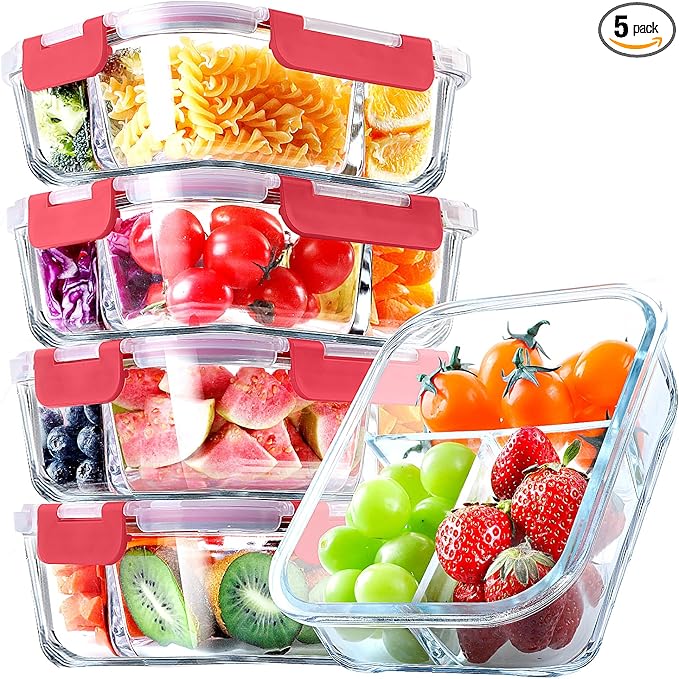 VERONES 5 PACK 36 OZ Glass Food Storage Containers 3 Compartment Set, White