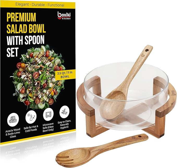Boxiki Kitchen Large Glass Salad Bowl Set with Acacia Wood Stand, Serving Spoon and Fork, 11 Inch Clear Glass Mixing Bowl for Pasta Fruits Veggies, Elegant Dinner Table Centerpiece Serving Dish