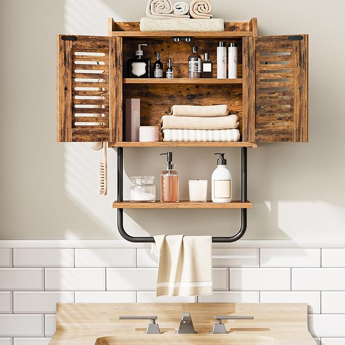HOOBRO Bathroom Wall Cabinet, Double Doors Medicine Cabinet with Towel Bar, Adjustable Shelf, 2 Hooks, Over The Toilet Storage Cabinet, for Bedroom, Kitchen, Rustic Brown BF46CW01