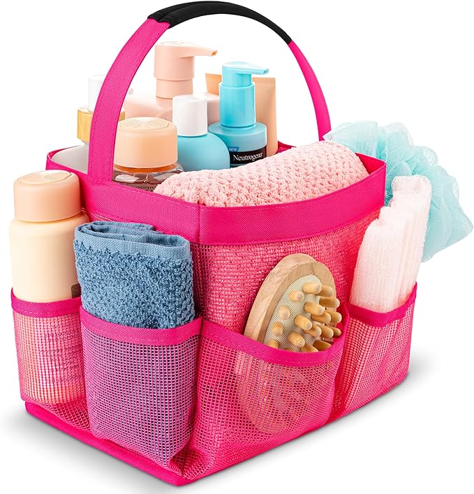Masirs Shower Caddy Mesh - 9 Pocket Portable Bathroom Organizer Tote for Travel, Gym & Dorm - Collapsible Small Shower Caddy Bag to Hold Toiletries & Essentials (Pink)