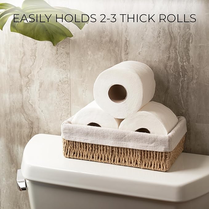 Beautiful Toilet Paper Storage Basket Set of 2 – Decorative Wicker Bathroom Organizer for Toilet Tank Trays - Quality Holder Bin for Shelves Fits Perfectly with Any Bathroom Decor