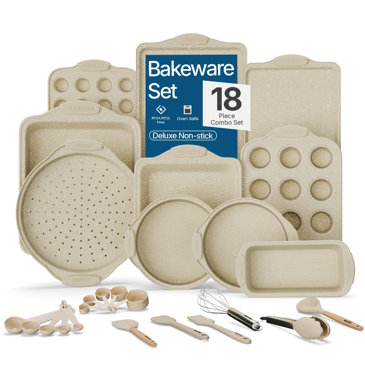 BAKKEN Kitchen Baking Pan Set - Nonstick Coating, Carbon Steel Bakeware Sets with Red Silicone Handles, Baking Kitchen Essentials, PFOA, PFOS, PTFE Free, Oven Safe Tray (Up To 450° F), Set of 18