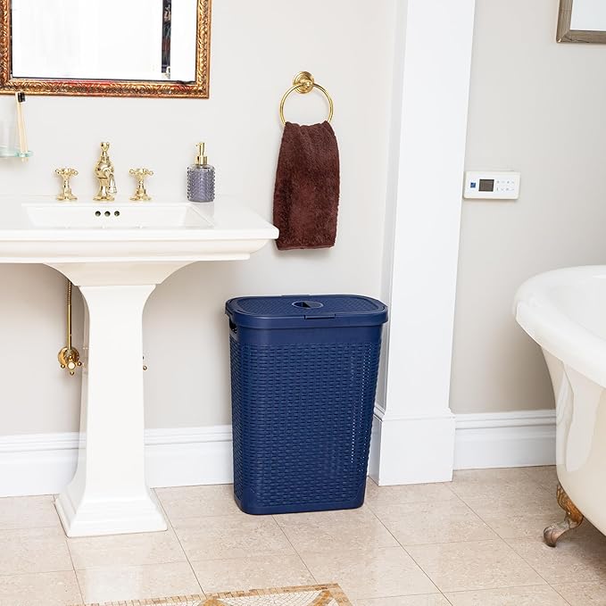 Mind Reader Slim Laundry Hamper with Lid, 40L Clothes Basket, Premium Wicker Design, Plastic, Navy
