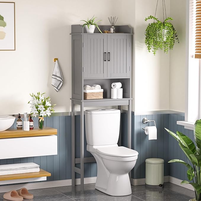 Over-The-Toilet Storage Shelf with Doors, Bathroom Freestanding Organizer Space Saver with Adjustable Shelf, Gray