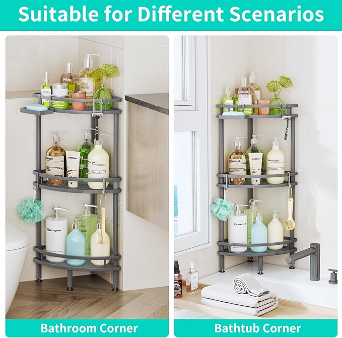 HapiRm apiRm Standing Corner Shower Caddy - 3 Tier Shower Organizer Corner with Soap Holder and 4 Hooks, Rustproof Bathroom Storage Shelves with Adhesives, Grey
