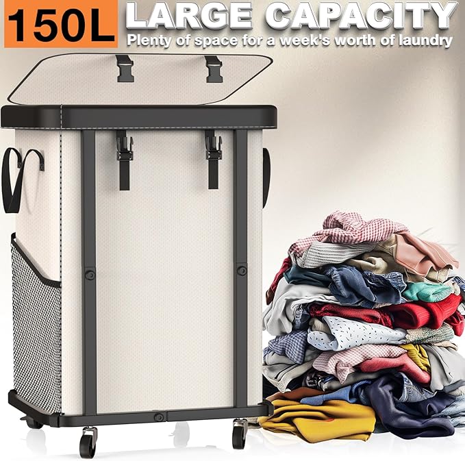 150L (40 Gal) Large Fashion Laundry Basket with Wheels, Leather Patchwork Rolling Hamper Carts, Sturdy Metal Frame, Removable Washable Bag, Tall Clothes Sorter for Bedroom, Laundry Room - Beige