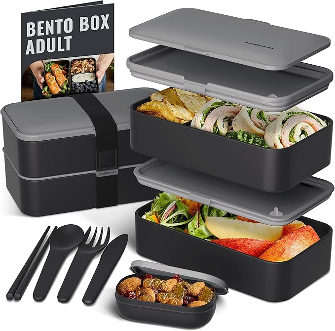 Bentoheaven Bento Box Adult, Stackable Lunch Box, 40 oz, Symph Onyx
