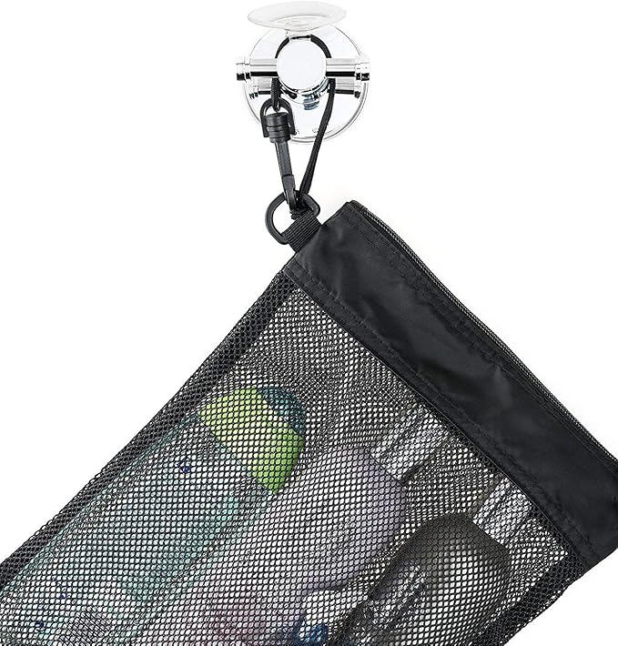 Shower Bag Tote, Mesh Caddy Toiletry Organizer 12”L x 9”W, Compact and Lightweight With Suction Cup, Cord for Hanging, Zipper and Drawstring Pouch 14”L x 10”W, Black