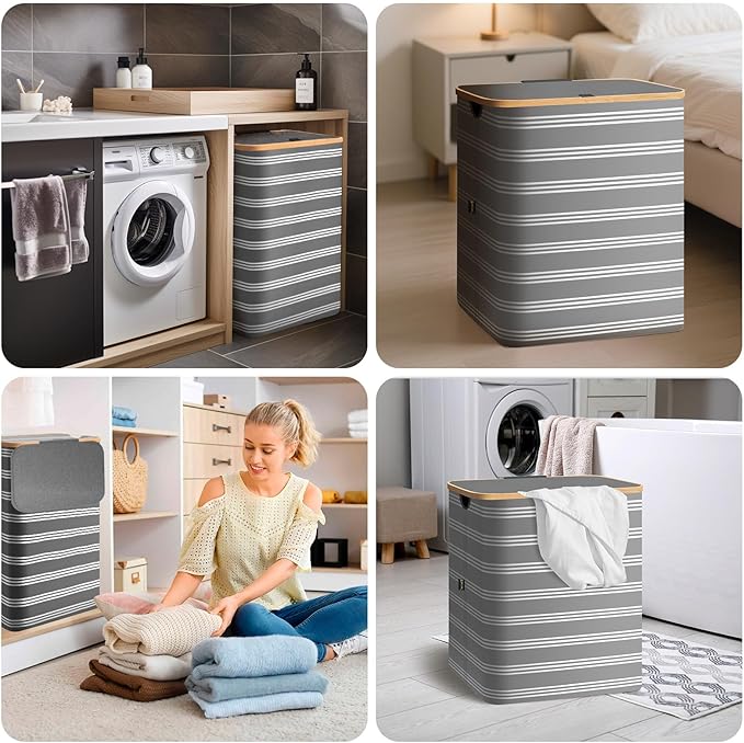 BALEINE Laundry Hamper with Lid, Tall Laundry Baskets with Bamboo Pull Handles, Large Laundry Bin with Internal Support (18 Gal/70L, Grey Pinstripe)