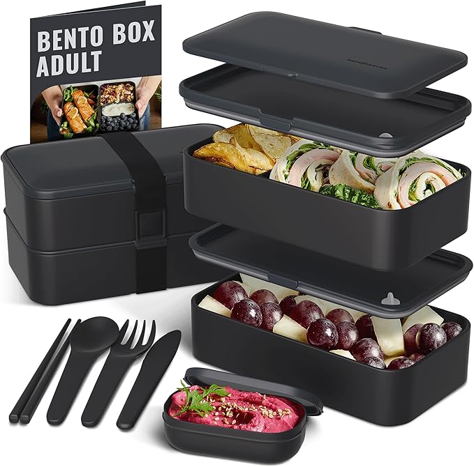 Bentoheaven Bento Box Adult, Stackable Lunch Box, 40 oz, Symph Onyx