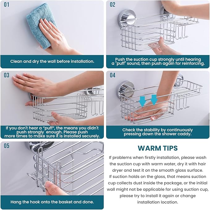 TAILI Suction Shower Caddy with 4 Hooks 1Tier-Silver
