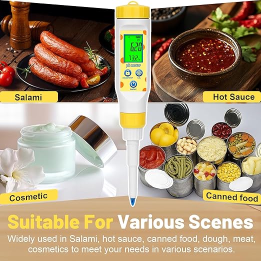 ORAPXI Digital pH Meter for Food Fermentation and Canning, Smart Food pH Tester with High Accuracy Spear Probe for Sourdough, Salsa and Hot Sauces, pH Test Pen with ATC for Solid and Liquid