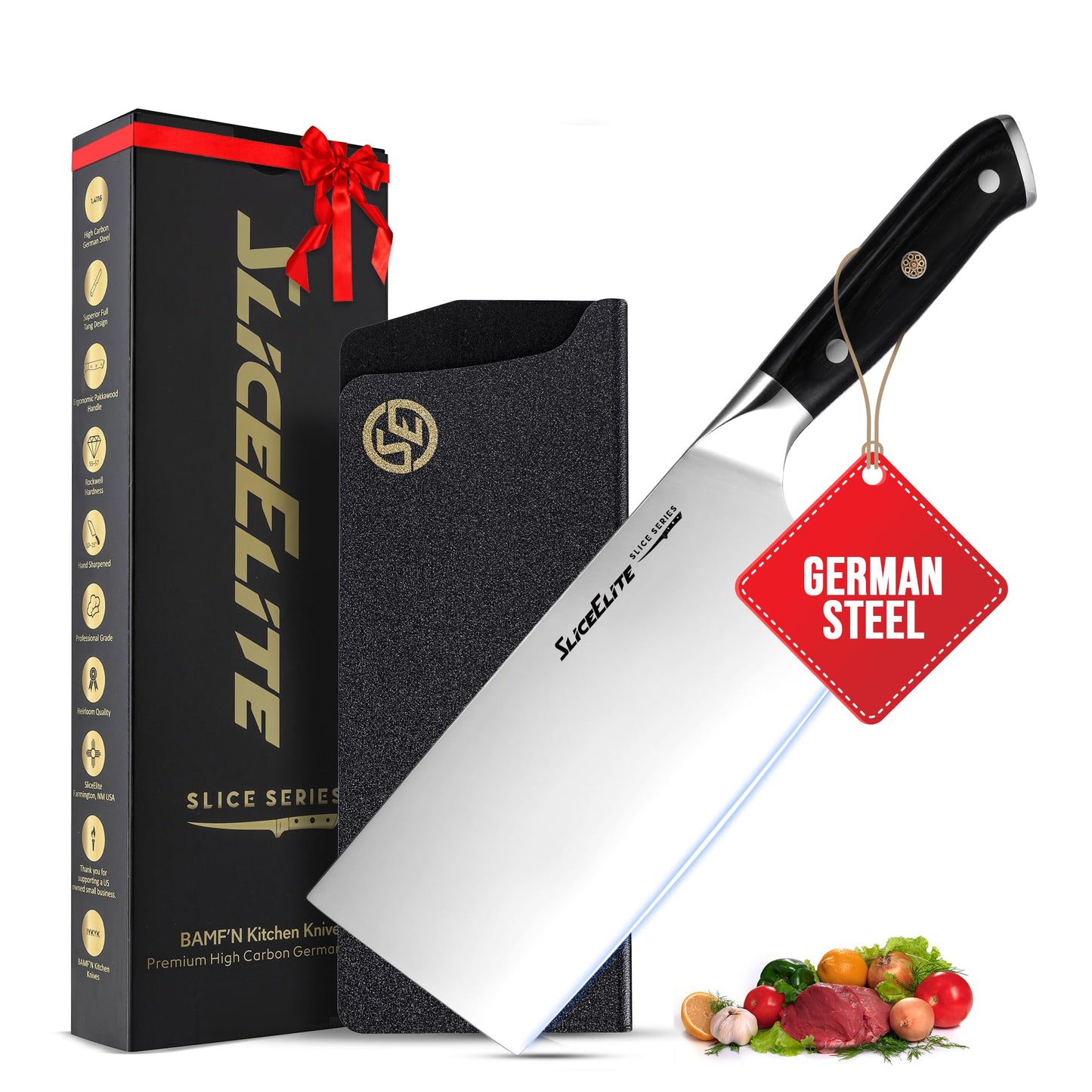 Damascus Meat Cleaver VG10 Steel 7 Inch Blade Leather Sheath & Blade Guard