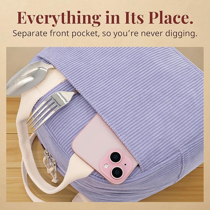 Insulated Purple Haze Lunch Bag for Women, Stylish Corduroy Tote with Aluminum Lining, Large Capacity Reusable Cooler for Work, Travel, or Beach, Beige Cream Water-Resistant Lunch Box
