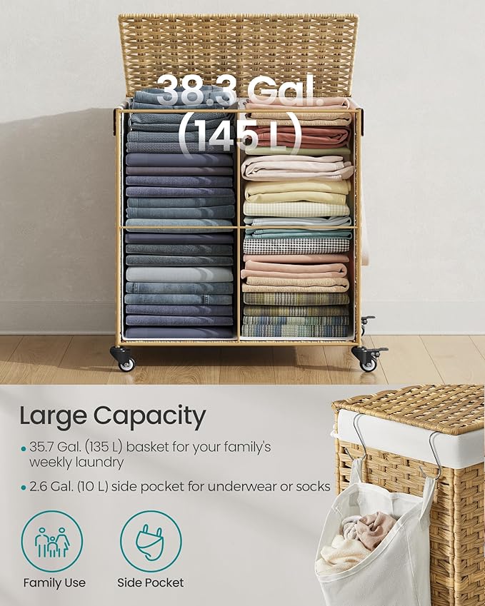 SONGMICS Laundry Hamper with Lid, 38.3 Gallons (145 L), Rolling Laundry Basket with Wheels, 2-Section Synthetic Rattan, Removable Liner, Bedroom, 21.7 x 15.7 x 26 Inches, Natural Color ULCB262Y01