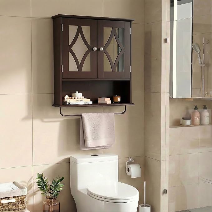 RoyalCraft Bathroom Medicine Cabinet Wall Mounted, Over The Toilet Storage Cabinet with Towel Rack and Adjustable Shelf, Large Bathroom Towel Cabinet Wall Mount 22x25 inch (Brown)