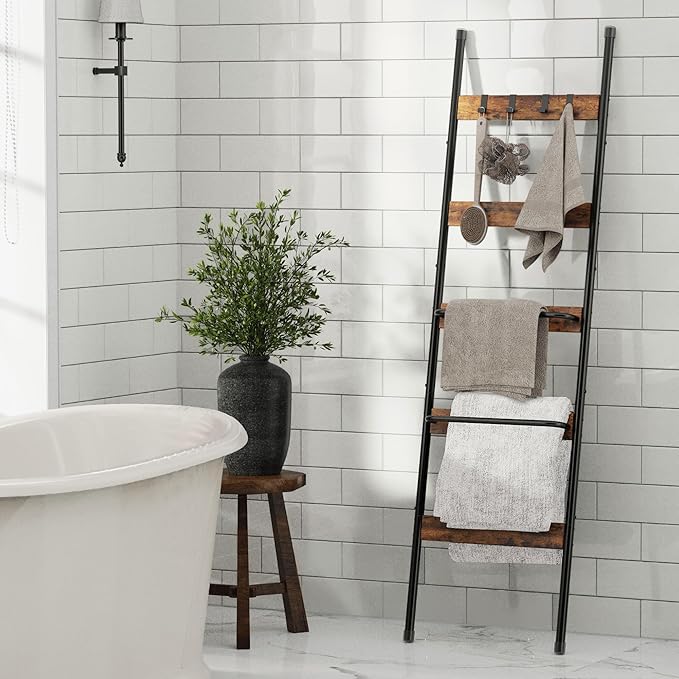 Blanket Ladder, 5-Tier Towel Holder with 2 U-shaped storage rack, Farmhouse Wall Leaning Decorative Rack Shelf, Towel Display Rack, Removable Hooks, Quilt Ladder for Living Room, Bedroom, Rustic Brown