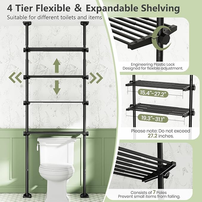 Bonpally Over The Toilet Storage Shelf, 4-Tier Adjustable Bathroom Organizer, No Drill Tension Mounted Shelves, Space-Saving Bathroom Cabinet Rack Above Toilet for Small Rooms, Black