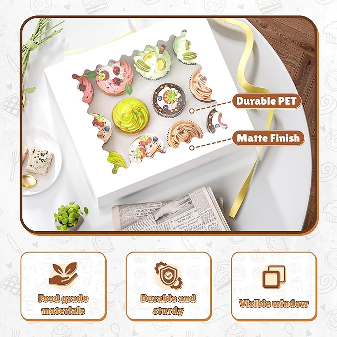 4 Pack Cupcake Boxes, Hold 12 Standard Cupcakes, Cupcake Containers with Window and Inserts, High Grade Cupcake Holder, for Birthday Holiday Party, Supplies for Cupcakes, Desserts and More