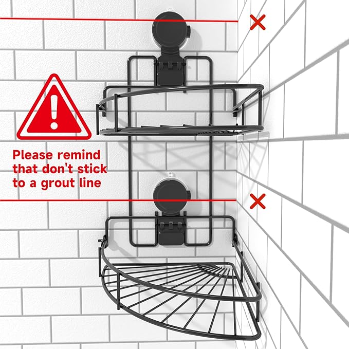 Shower Caddy Suction Cup, 2 Pack Suction Shower Shelf, NO-Drilling Bathroom Holder, Rustproof Bathroom Organizer for 90° Wall Corner, Black