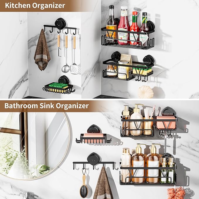 KEGII Shower Caddy Suction Cup, 4 Pack Suction Shower Shelf with Towel Rack No Drilling, Removable Shower Organizer with Hooks & Soap Holder, Space-Saving Bathroom Storage (Black)
