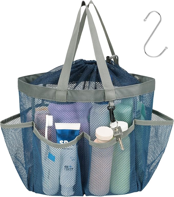 F-color Mesh Shower Caddy Portable with Drawstring - Large 8 Pockets Dorm Room Essentials for Guys Girls with S Hook, Shower Bag Basket Tote for College Camping Gym Travel Toiletry Bathroom, Blue