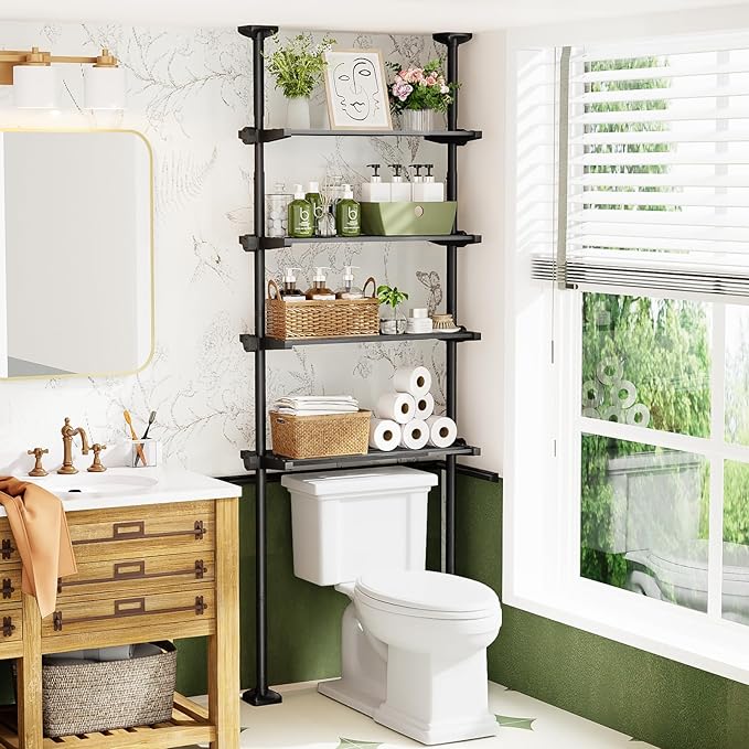 Bonpally Over The Toilet Storage Shelf, 4-Tier Adjustable Bathroom Organizer, No Drill Tension Mounted Shelves, Space-Saving Bathroom Cabinet Rack Above Toilet for Small Rooms, Black