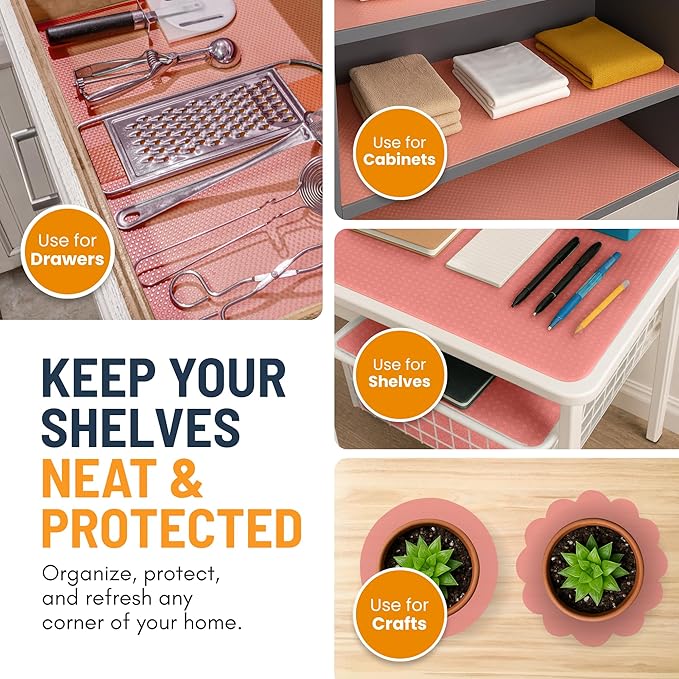 Refrigerator Liners for Shelves (8 Pack) by Linda’s Essentials - Non-Adhesive Shelf or Drawer Liner, BPA-Free Fridge Mats for Kitchen & Cabinets, Easy to Clean, Ideal Household Essentials (Pink)