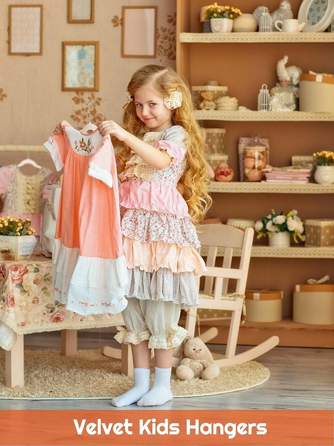 HOUSE DAY 14 Inch Kids Velvet Hangers 50 Pack, Durable Big Kid Hangers for Youth, Non Slip Kids Felt Hanger, Cute Childrens Hanger for Closet, Beige