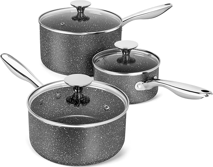 MICHELANGELO Sauce Pan with Lid, Granite Saucepans with Lids, 1Qt & 2Qt & 3Qt Sauce Pan Sets, Nonstick Saucepan Set with Stainless Steel Handle, Oven Safe, Grey