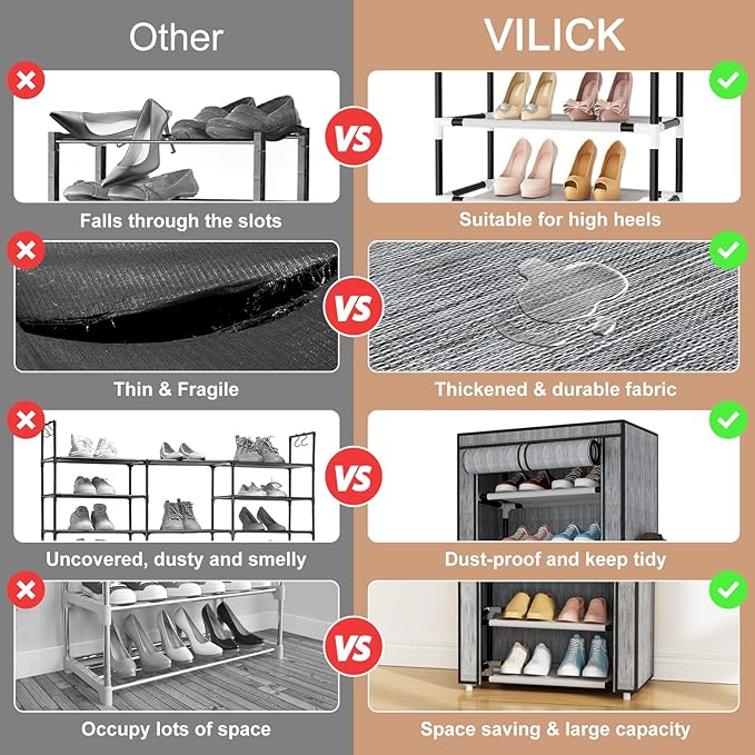 Shoe Rack with Cover Narrow Shoe Rack Organizer with 4 Side Pockets 10 Tier Tall Shoe Storage Shoe Shelf Holds 18-22 Pairs Shoes and Boots Shoe Rack for Closet, Printing