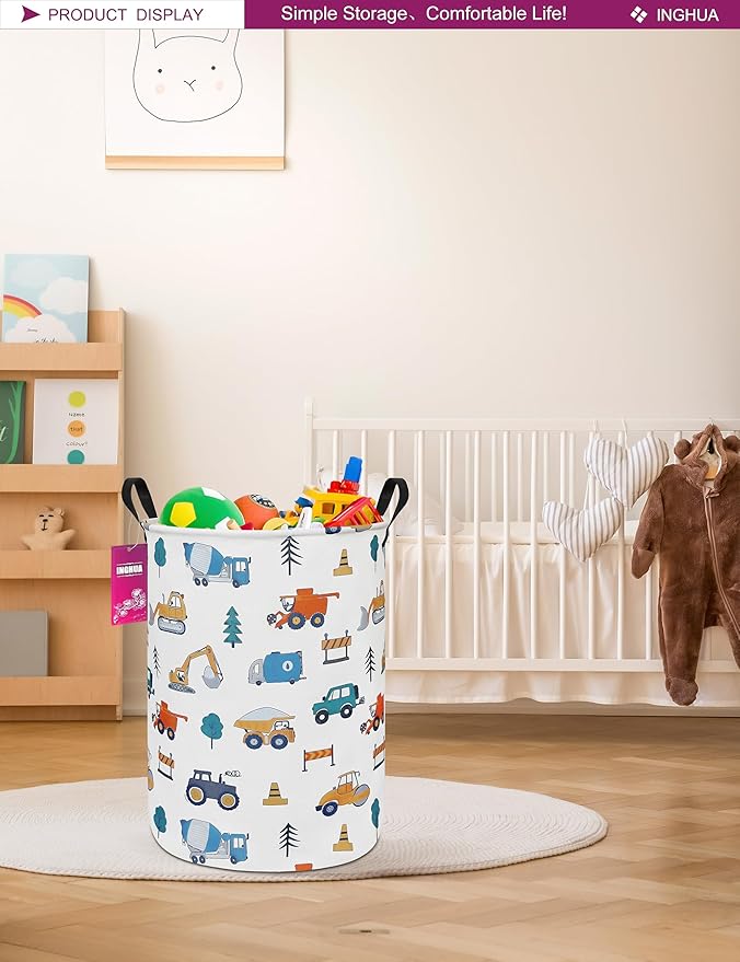 Laundry Hamper Large Canvas Fabric Lightweight Storage Basket/Toy Organizer/Dirty Clothes Collapsible Waterproof for College Dorms, Boys and Girls Bedroom,Bathroom(Vehicles)