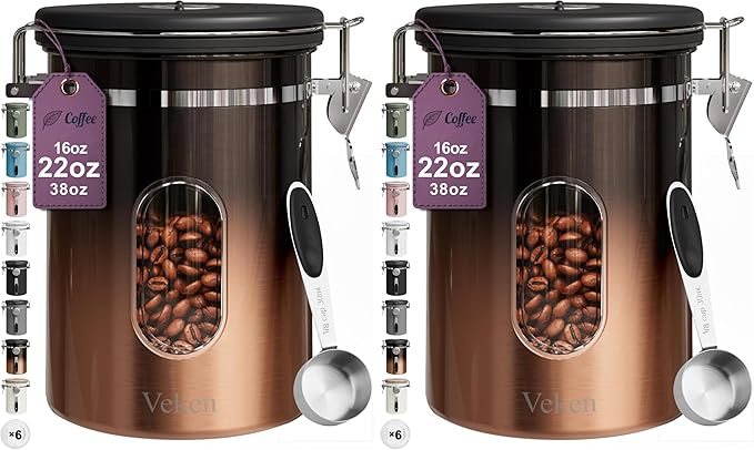 Veken Coffee Canister with Window,Airtight Stainless Steel Kitchen Food Storage Container, Date Tracker & Scoop for Grounds Coffee, Beans, Tea,Flour,Cereal,Sugar,22OZ,Copper (Pack of 2)