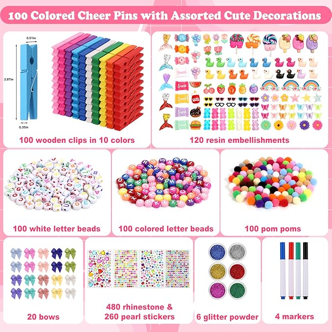 Cheer Pins Spirit Clip Set, 100 Colored Wooden Clothes Pins 340 Mini Resin Animals Ducks Letter Beads Bows Stickers Pen, Cheer Pin Decor for Cheerleading Backpack Ribbon Team Classroom Cheer Gift Bulk