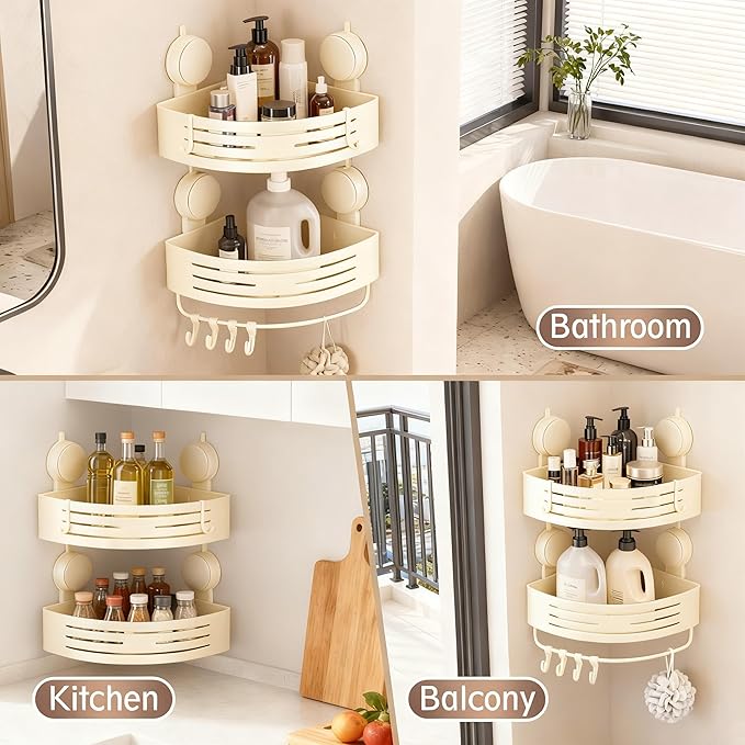 Corner Suction Cup Shower Caddy(2-Pack Cream White),No-Drilling Aluminum Shower Shelf with Towel Bar & Hooks,Removable Bathroom and Kitchen Storage Organizer