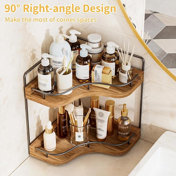 2-Tier Corner Bathroom Counter Organizer with Embedded Screw Holes, Secure & Stable Wood Vanity Shelf for Makeup and Skincare Essentials - Space Saving Bathroom Countertop Storage, Dark Brown