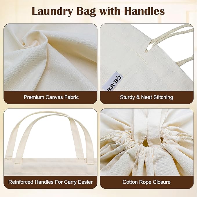 Canvas Laundry Bags with Handles & Square Base18"Lx18"Wx27.6"H, Extra Large Heavy Duty Laundry Basket Hamper Liner, Washable Drawstring Dirty Clothes Bag Canvas Storage Sack (Beige XL,1 Pack)