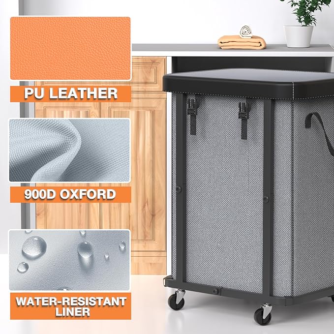 150L (40 Gal) Large Fashion Laundry Basket with Wheels, Leather Patchwork Rolling Hamper Carts, Sturdy Metal Frame, Removable Washable Bag, Tall Clothes Sorter for Bedroom, Laundry Room - Gary