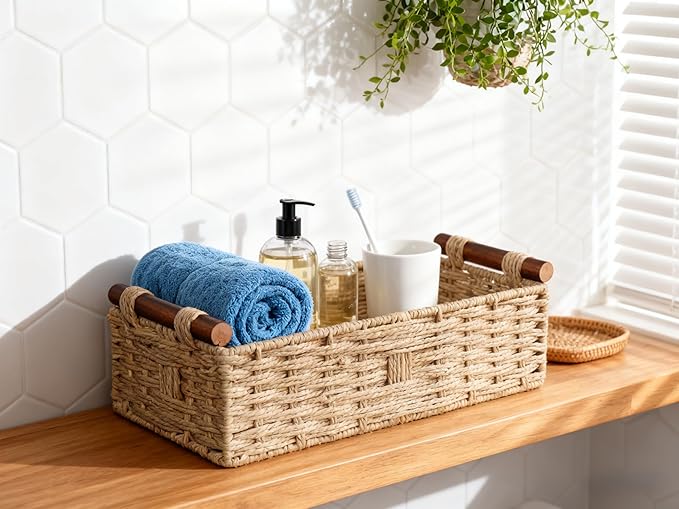 Toilet Tank Basket for Top of Toilet, Khaki Wicker Toilet Paper Basket (Holds 2 Rolls), Handwoven Paper Rope Toilet Tank Organizer with Wooden Handles, Bathroom Baskets for Organizing