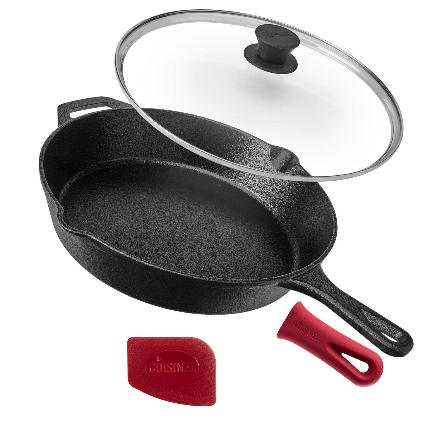 Cuisinel Cast Iron Skillet Set - 10" + 12" Frying Pan + Glass Lids + 2 Handle Cover Grips - Pre-Seasoned Oven Cookware - Indoor/Outdoor Use - Grill, Stovetop, Induction, BBQ, Camping, Fire Use