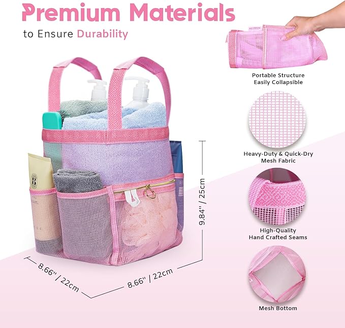 Mesh Shower Caddy Dorm, 7 Pockets & 1 with Zipper, Shower Tote with Padded Handles, Travel Portable, Shower Caddy College Room Essentials, Bathroom Shower Bag (Pink)
