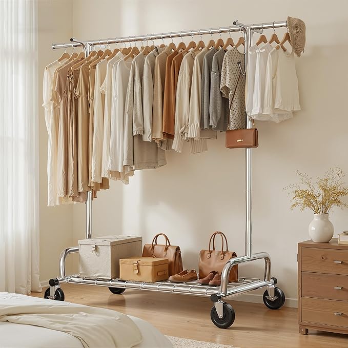Raybee Heavy Duty Clothes Rack Load 485LBS, 74''W Clothing Rack with Mesh Shelf, Rolling Garment Rack with Adjustable Rail & Lockable Wheels for Bedroom, Laundry Room,Commercial