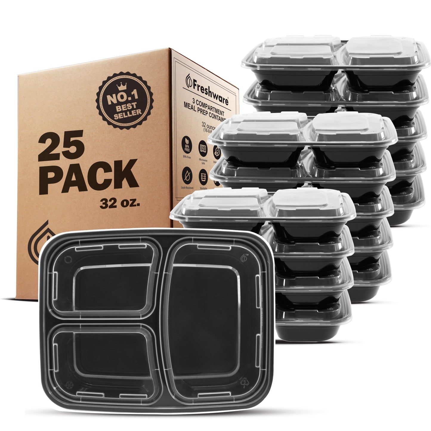 Freshware Meal Prep Containers [150 Pack] 3 Compartment Food Containers with Lids, Bento Box, Stackable, Microwave/Dishwasher Safe (32 oz)